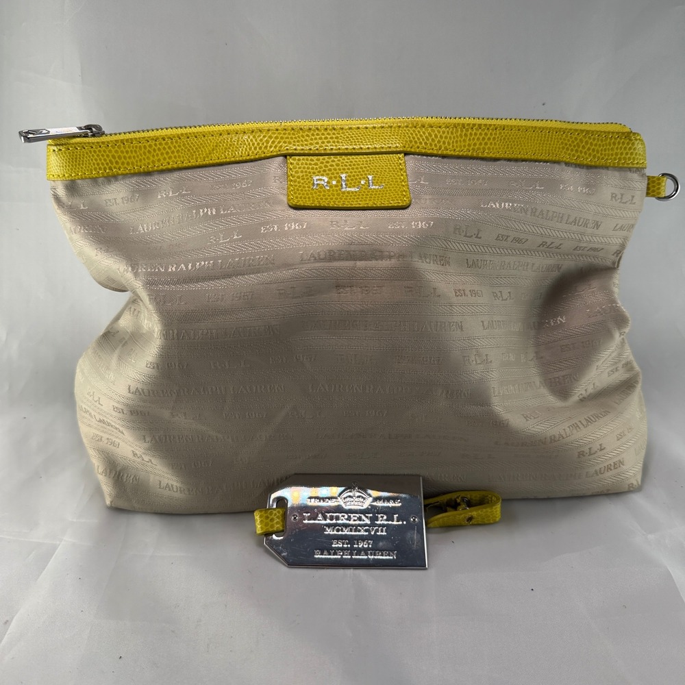 Lauren Ralph Lauren Cosmetic Bag Pouch Tan Jacquard Yellow Snake Trim Chrome Tag